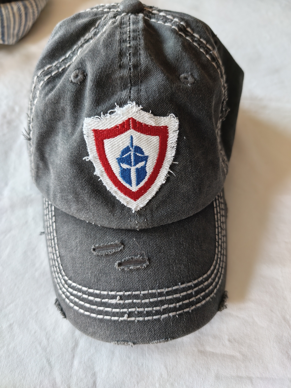 KBETHOS Gray Distressed Shield Patch Kids Cap with Red & Blue Emblem